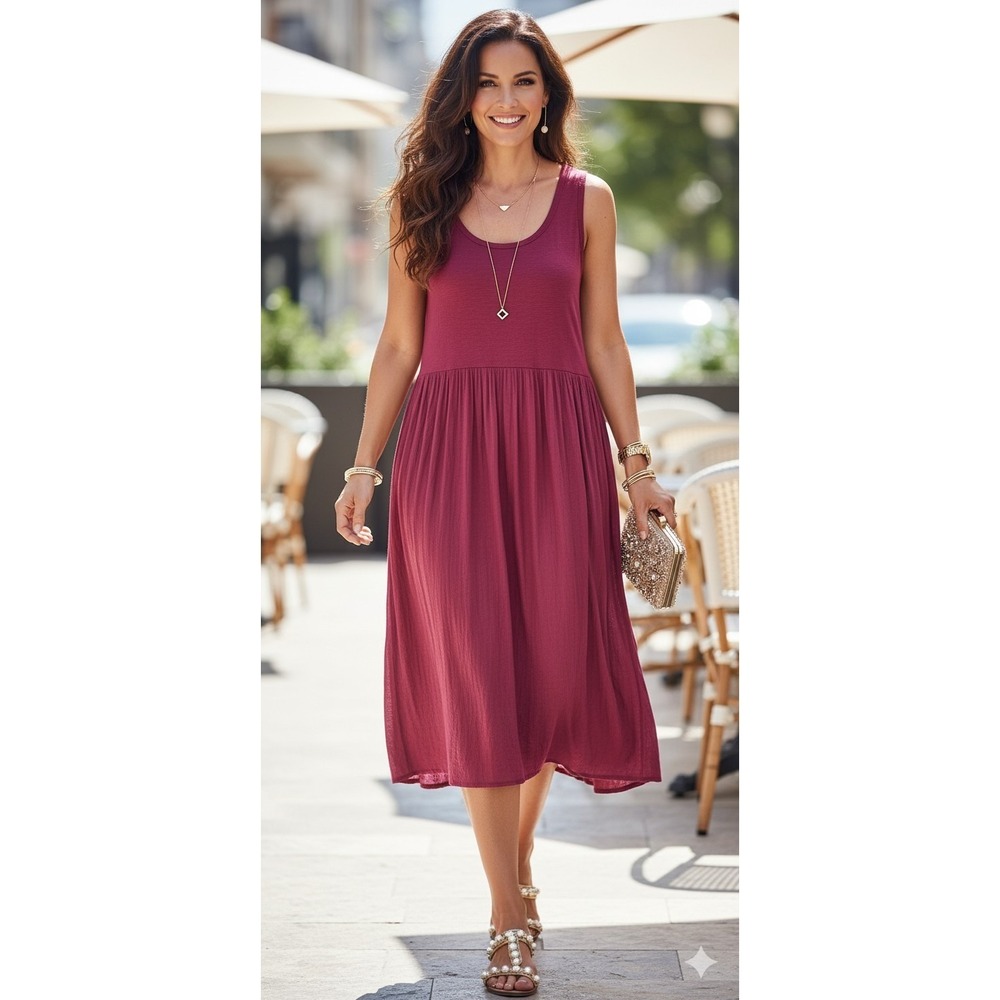Soft Surroundings Midi Dress Womens L Magenta Resort Summer Comfort Fit Boho